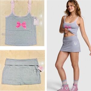 PINK x LoveShackFancy Cotton Grey Cami Pink Bow & Bling Foldover Skirt/Skort L